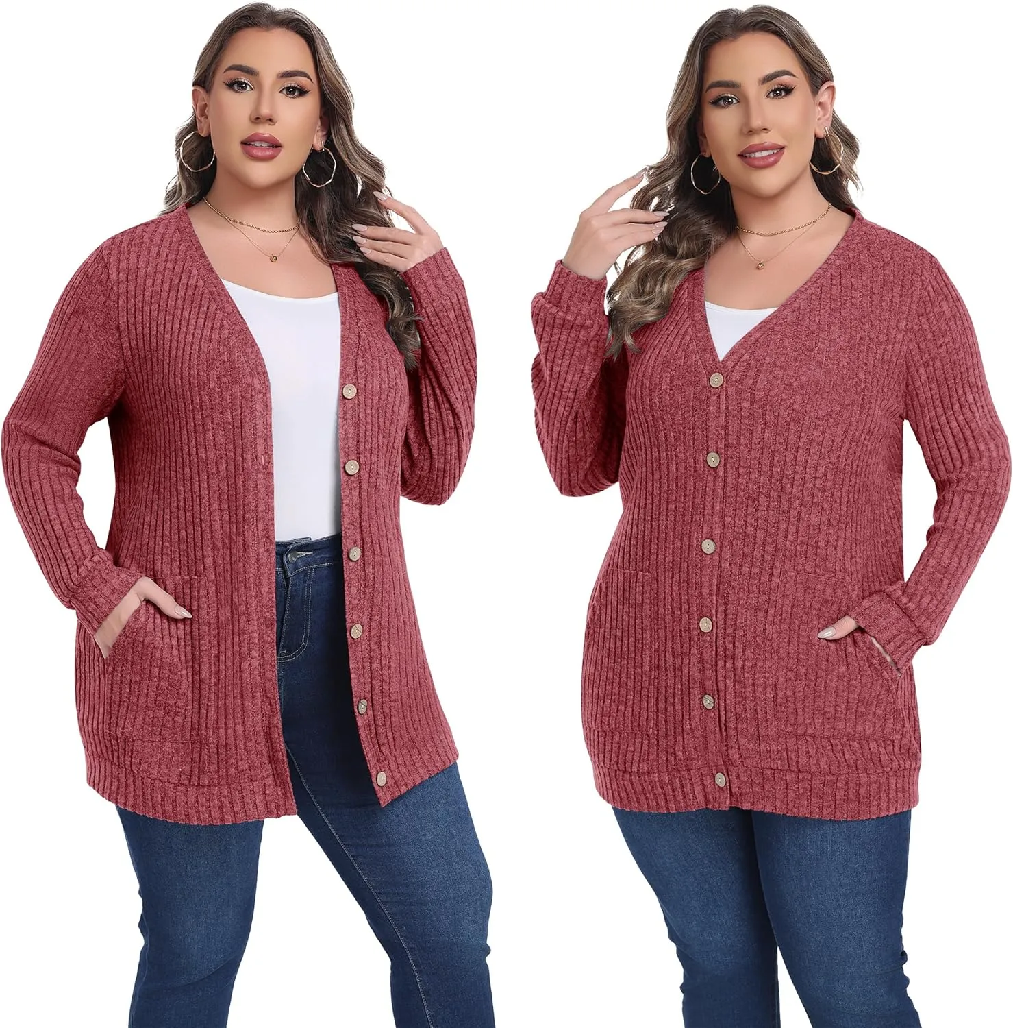 Lastshe Women's Plus Size Cardigan Sweaters Button Down Long Sleeve Fall Cardigans Knit Outwear with Pockets