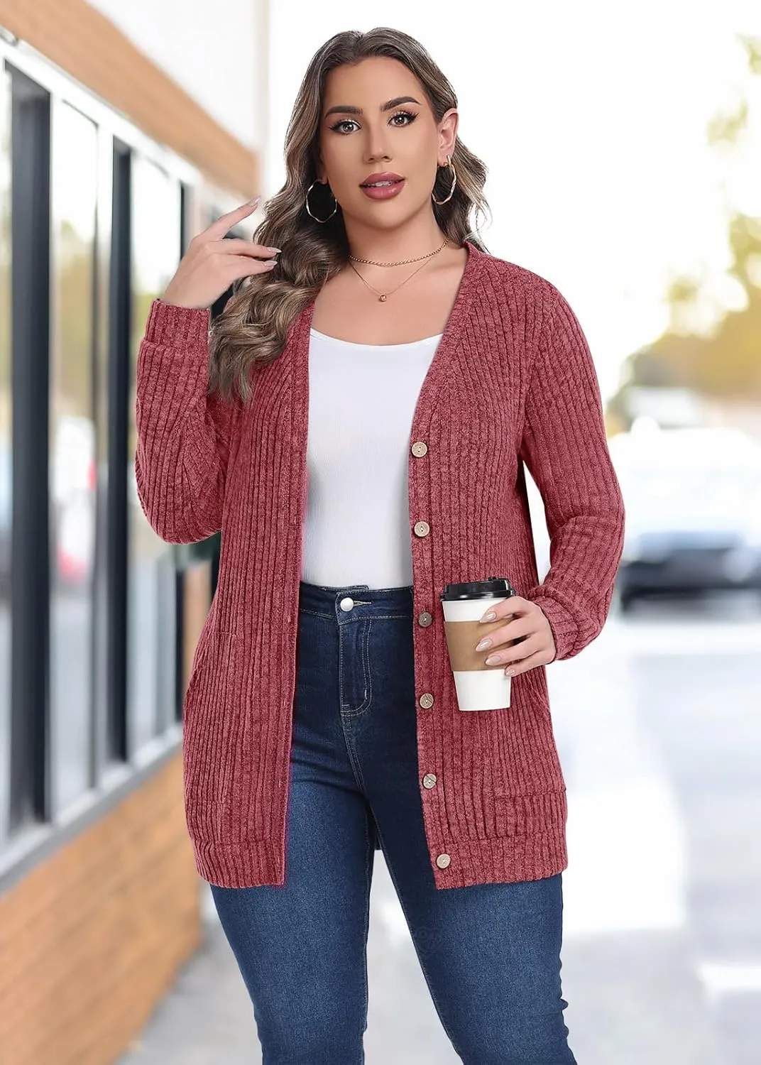 Lastshe Women's Plus Size Cardigan Sweaters Button Down Long Sleeve Fall Cardigans Knit Outwear with Pockets