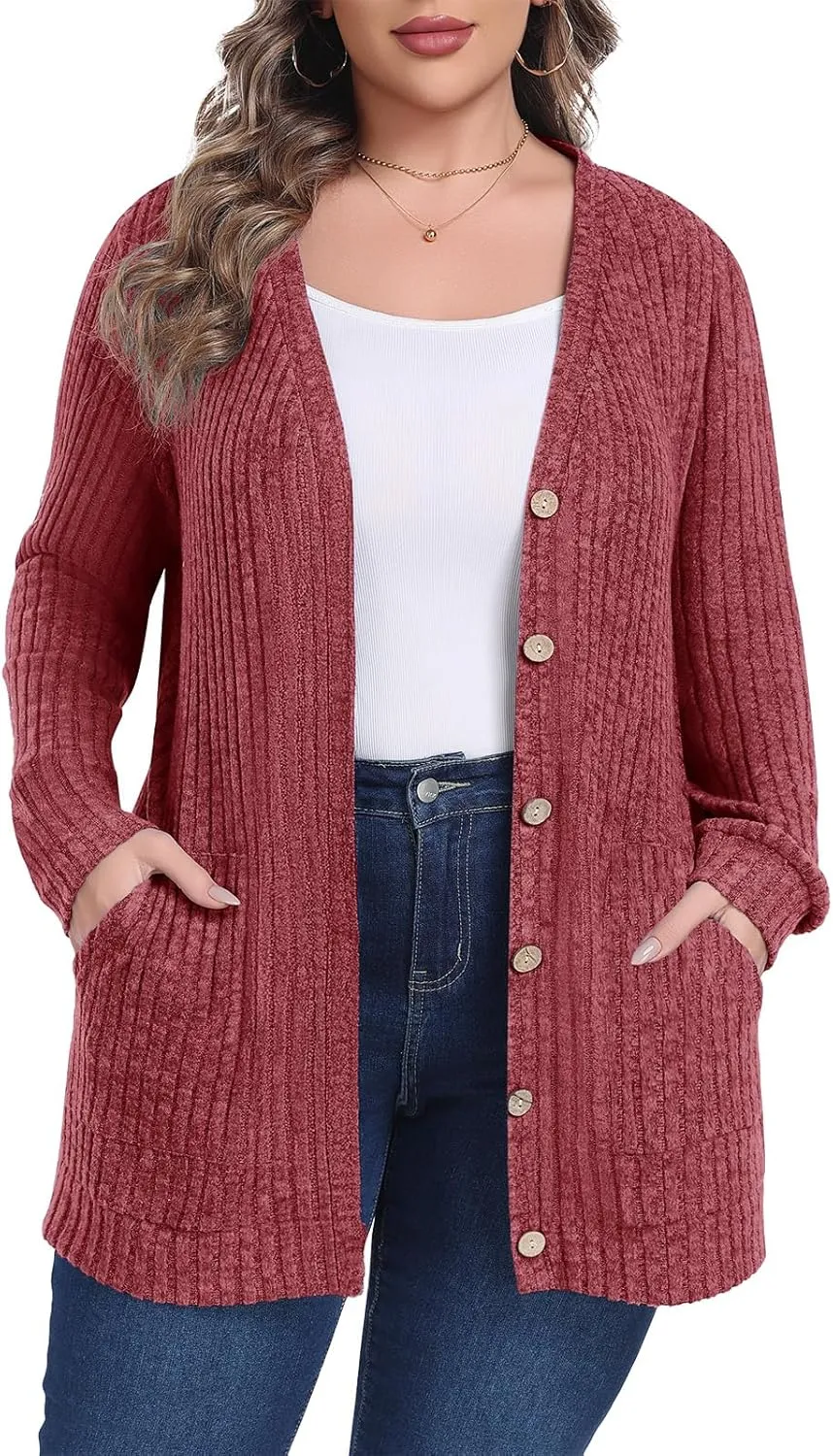 Lastshe Women's Plus Size Cardigan Sweaters Button Down Long Sleeve Fall Cardigans Knit Outwear with Pockets