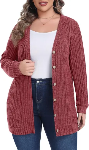 Lastshe Women's Plus Size Cardigan Sweaters Button Down Long Sleeve Fall Cardigans Knit Outwear with Pockets