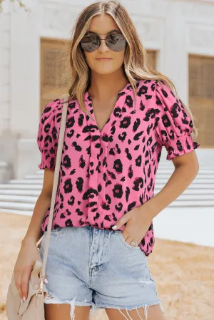Leopard Notched Neck Short Flounce Sleeve Blouse