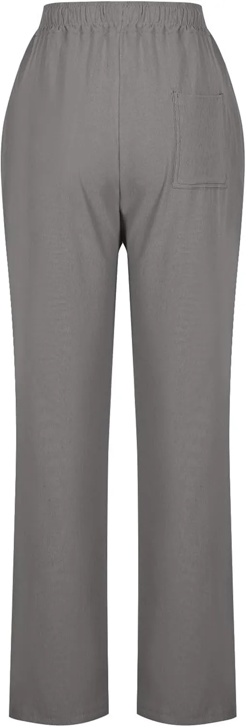 Linen Pants for Women Summer Casual Elastic Drawstring Waist Lightweight Pants Solid Wide Leg Trousers with Pockets