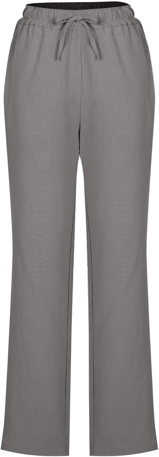 Linen Pants for Women Summer Casual Elastic Drawstring Waist Lightweight Pants Solid Wide Leg Trousers with Pockets