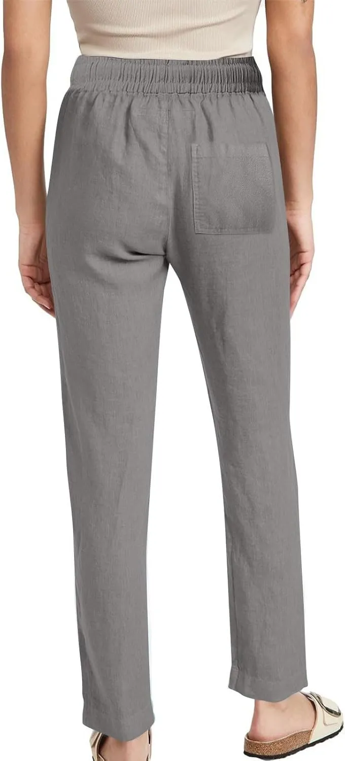 Linen Pants for Women Summer Casual Elastic Drawstring Waist Lightweight Pants Solid Wide Leg Trousers with Pockets
