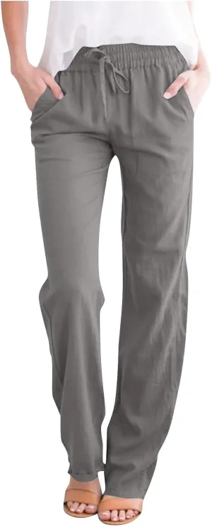 Linen Pants for Women Summer Casual Elastic Drawstring Waist Lightweight Pants Solid Wide Leg Trousers with Pockets