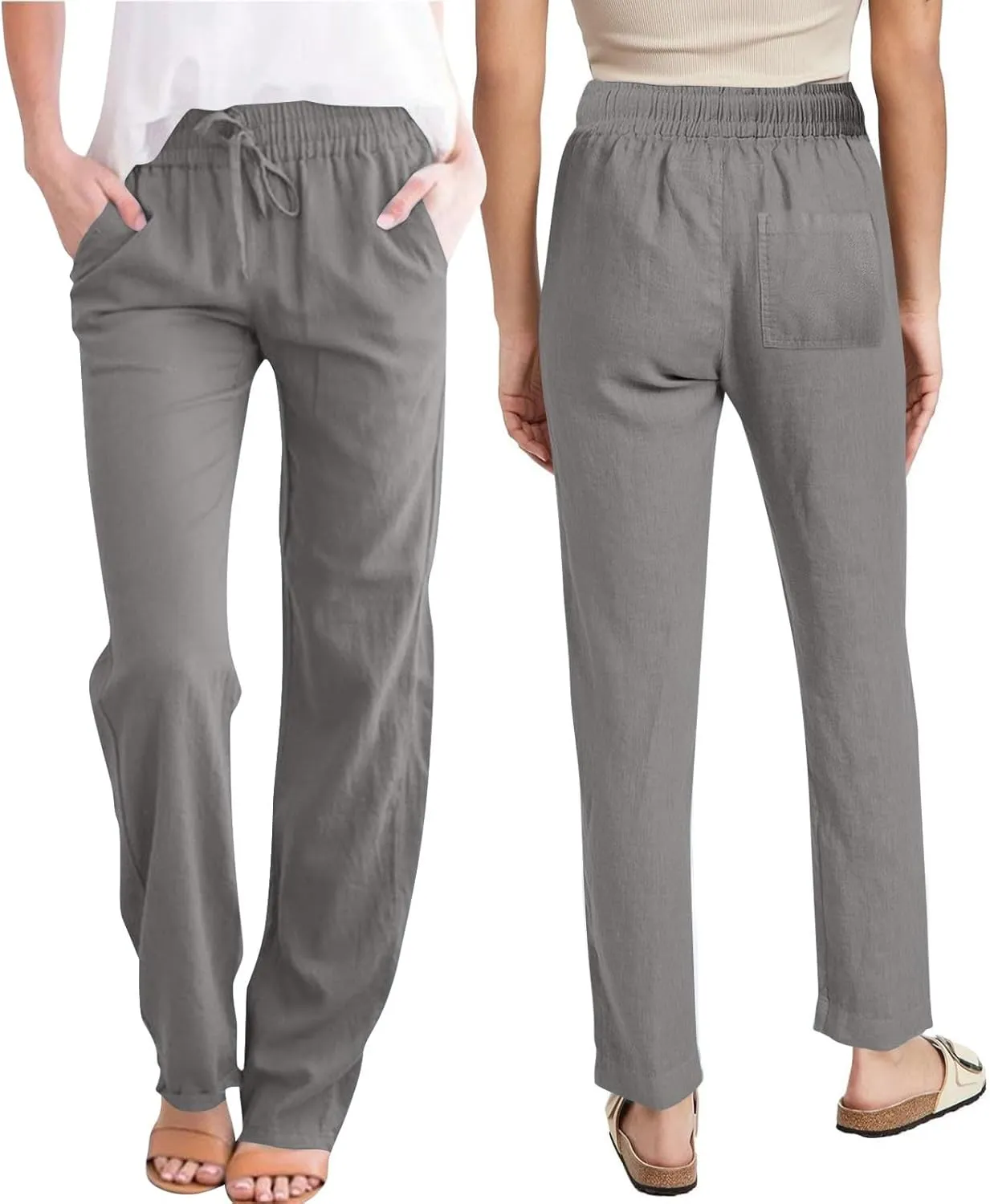 Linen Pants for Women Summer Casual Elastic Drawstring Waist Lightweight Pants Solid Wide Leg Trousers with Pockets