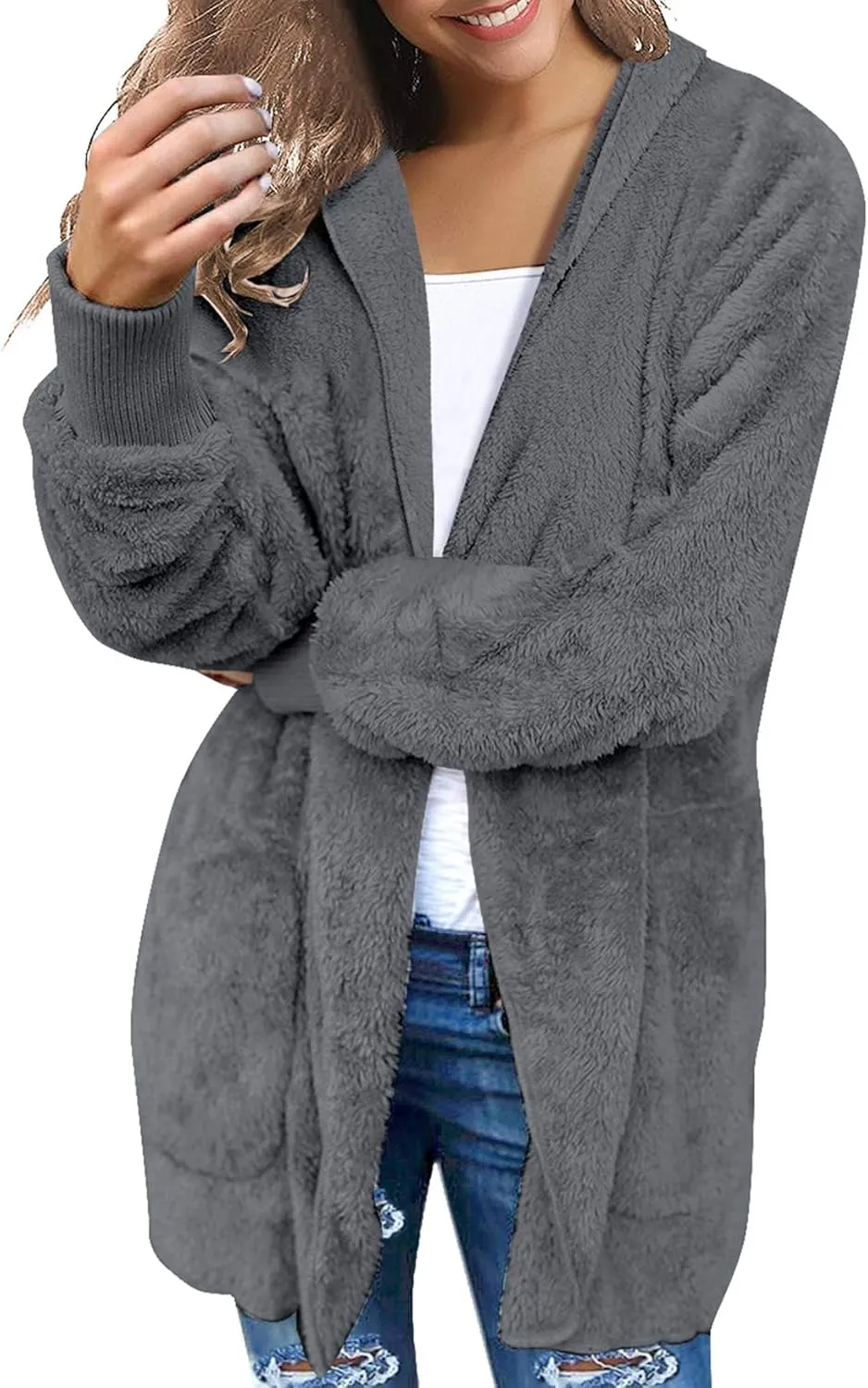 luvamia Women Fuzzy Fleece Open Front Pockets Hooded Cardigan Jacket Coat Outwear