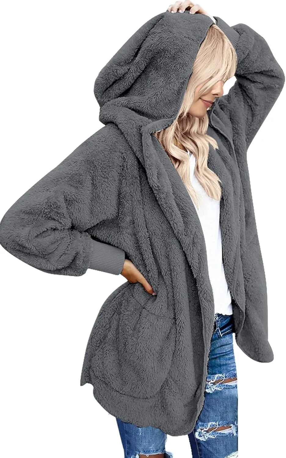 luvamia Women Fuzzy Fleece Open Front Pockets Hooded Cardigan Jacket Coat Outwear