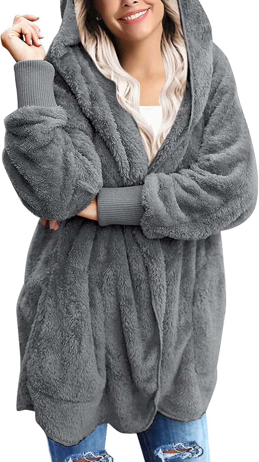 luvamia Women Fuzzy Fleece Open Front Pockets Hooded Cardigan Jacket Coat Outwear