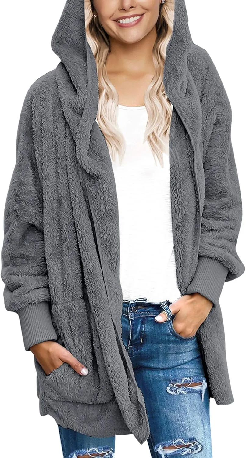 luvamia Women Fuzzy Fleece Open Front Pockets Hooded Cardigan Jacket Coat Outwear