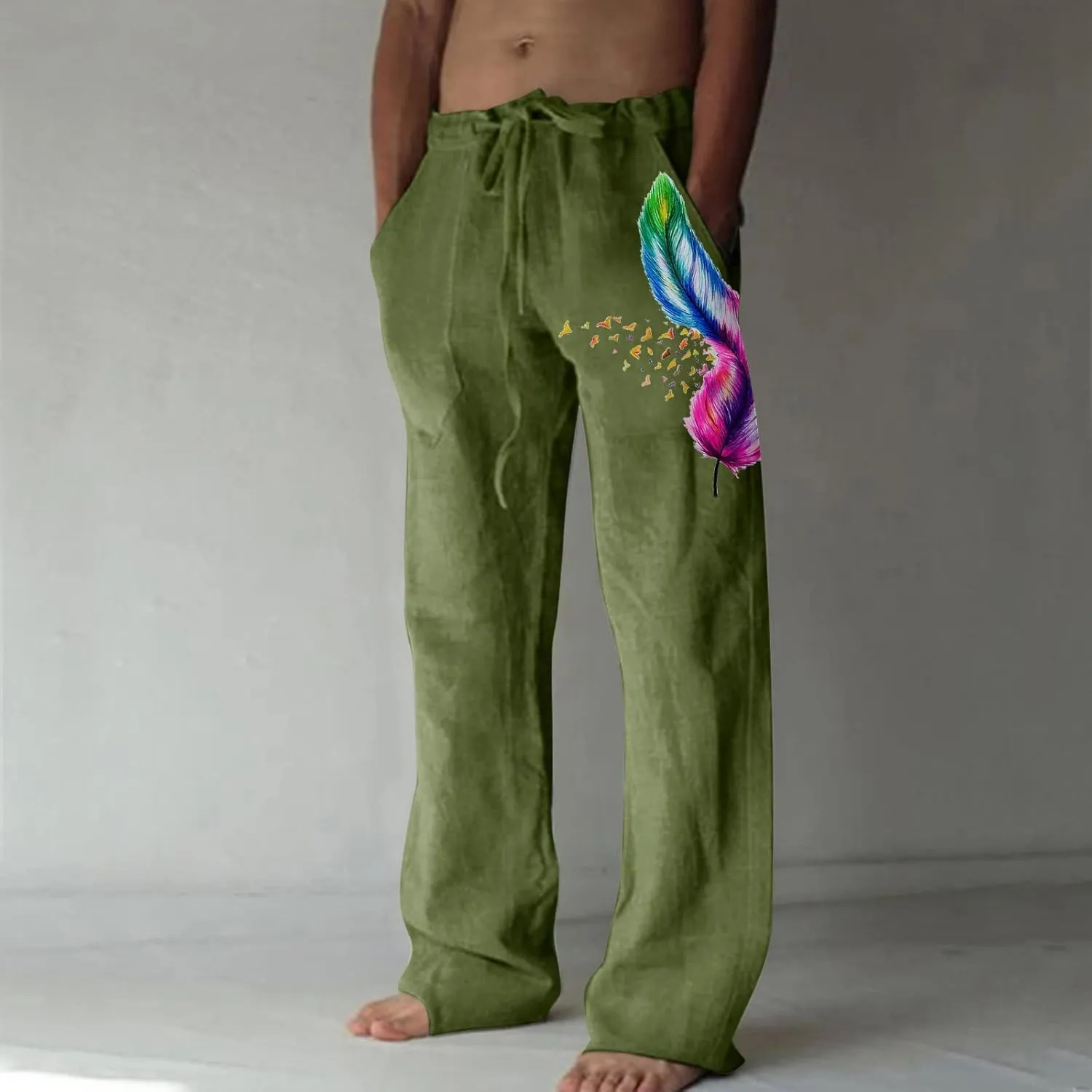 Mens Linen Printed Pants Elastic Waist Drawstring Lightweight Trouser Casual Yoga Summer Beach Pant with Pockets