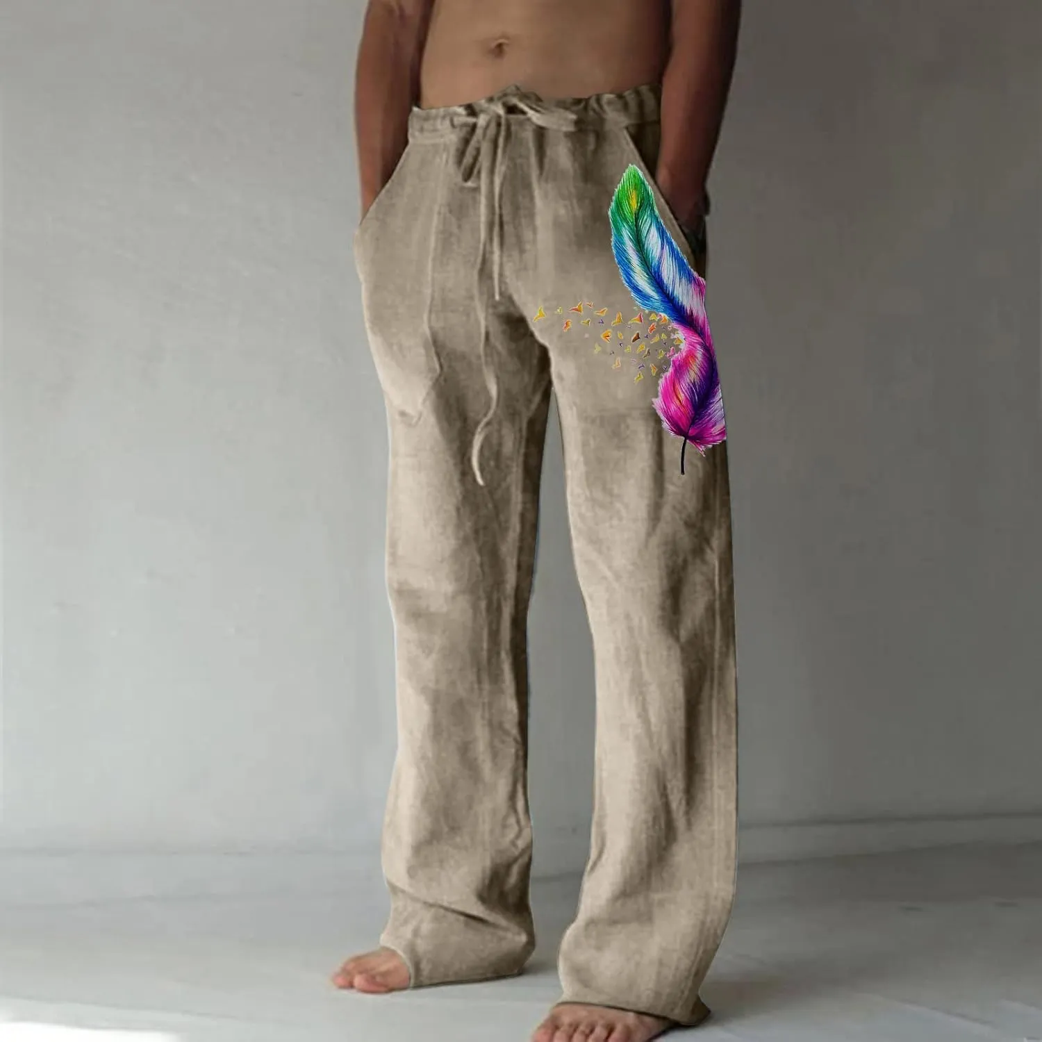 Mens Linen Printed Pants Elastic Waist Drawstring Lightweight Trouser Casual Yoga Summer Beach Pant with Pockets