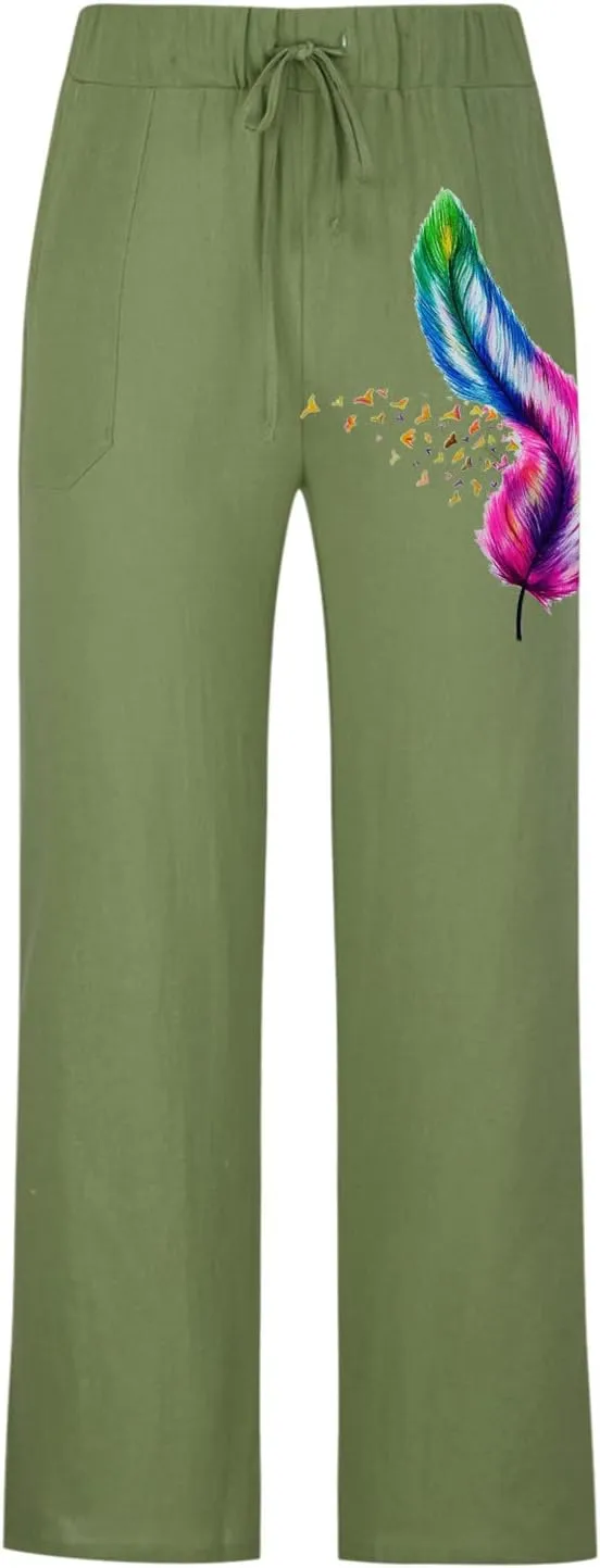 Mens Linen Printed Pants Elastic Waist Drawstring Lightweight Trouser Casual Yoga Summer Beach Pant with Pockets