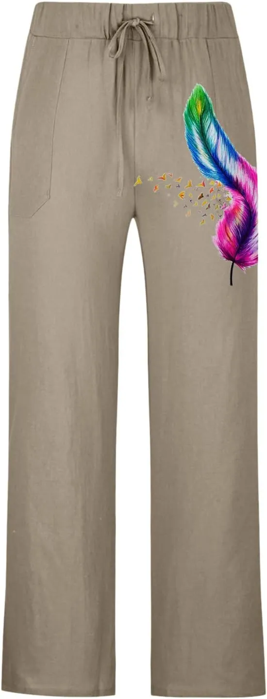 Mens Linen Printed Pants Elastic Waist Drawstring Lightweight Trouser Casual Yoga Summer Beach Pant with Pockets