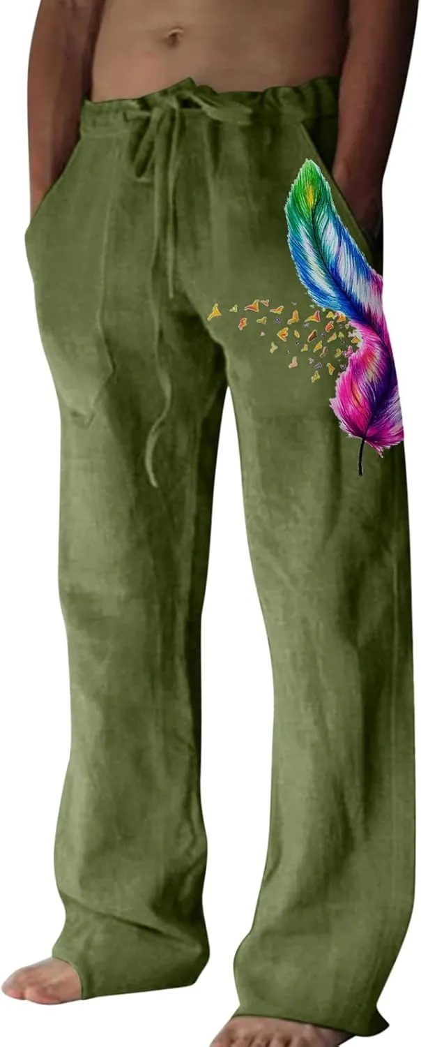 Mens Linen Printed Pants Elastic Waist Drawstring Lightweight Trouser Casual Yoga Summer Beach Pant with Pockets