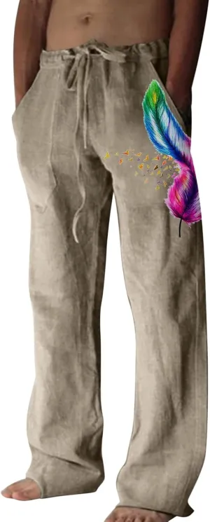 Mens Linen Printed Pants Elastic Waist Drawstring Lightweight Trouser Casual Yoga Summer Beach Pant with Pockets