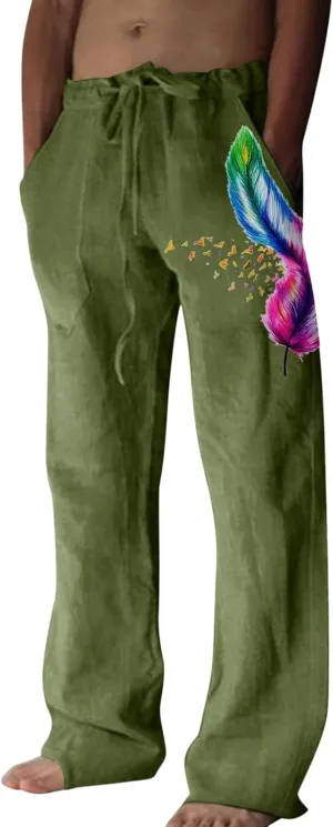 Mens Linen Printed Pants Elastic Waist Drawstring Lightweight Trouser Casual Yoga Summer Beach Pant with Pockets