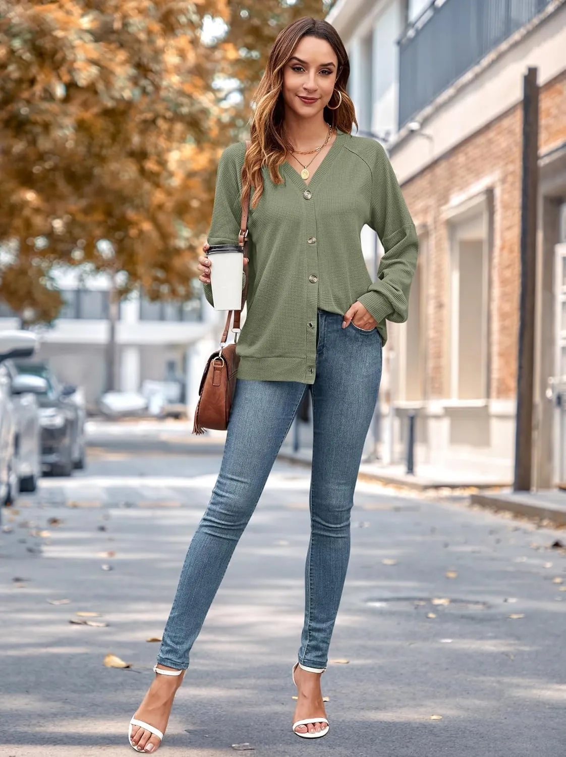 MOLERANI Women Cardigan Sweaters V Neck Button Open Front Waffle Knit 2024 Fall Loose Oversized Lightweight Cardigans