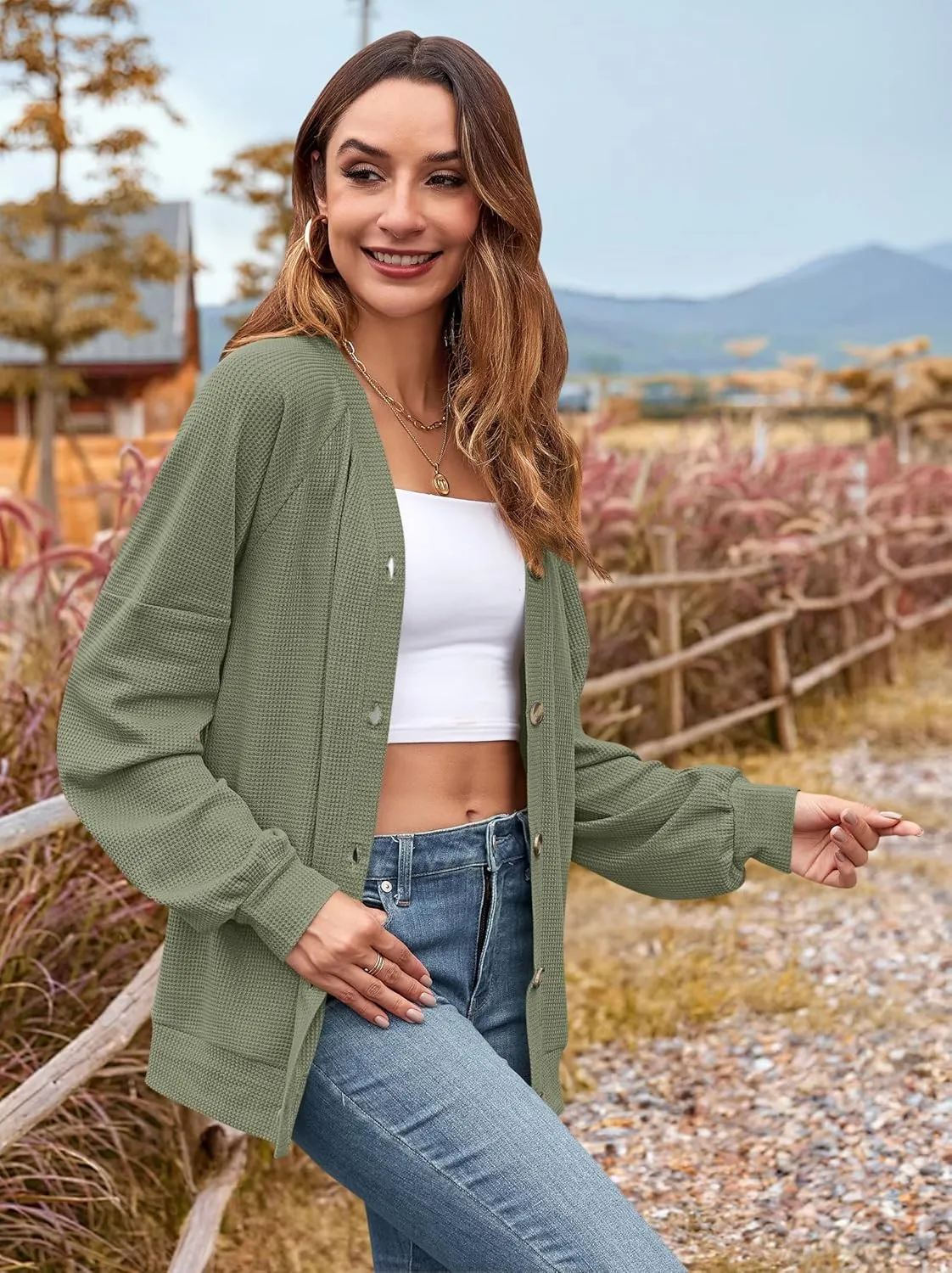 MOLERANI Women Cardigan Sweaters V Neck Button Open Front Waffle Knit 2024 Fall Loose Oversized Lightweight Cardigans