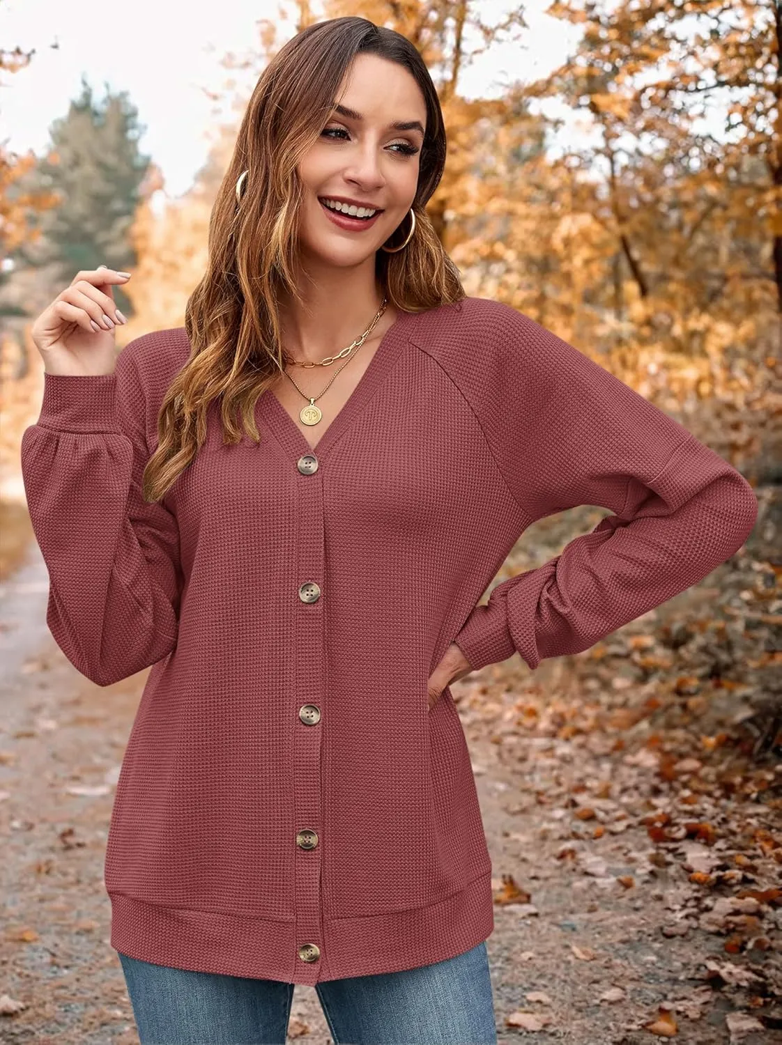 MOLERANI Women Cardigan Sweaters V Neck Button Open Front Waffle Knit 2024 Fall Loose Oversized Lightweight Cardigans