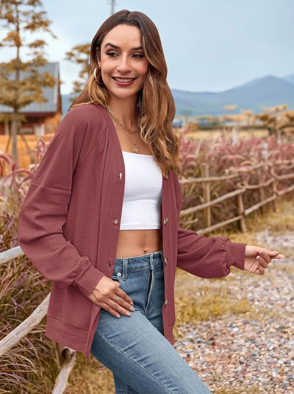 MOLERANI Women Cardigan Sweaters V Neck Button Open Front Waffle Knit 2024 Fall Loose Oversized Lightweight Cardigans