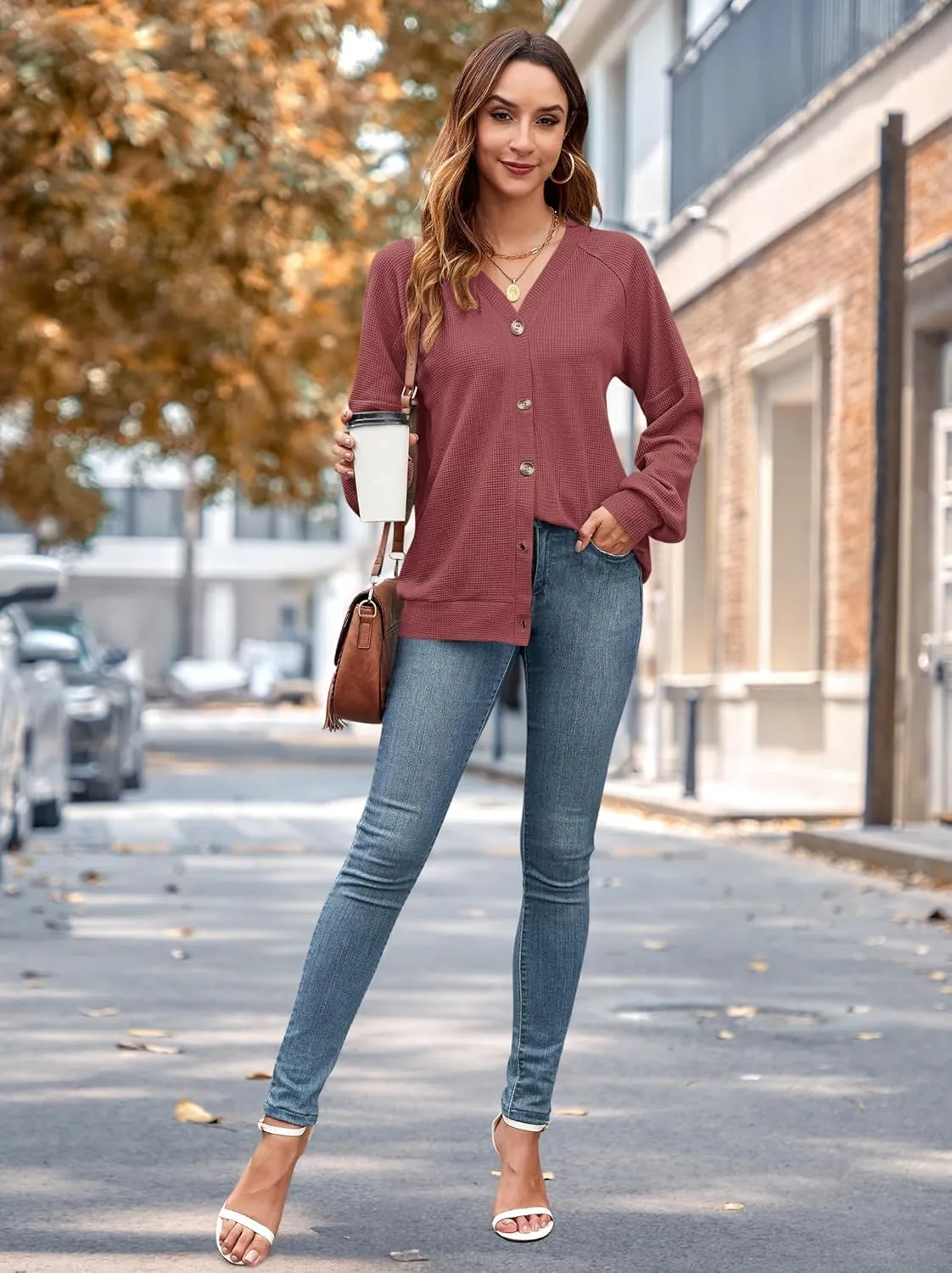 MOLERANI Women Cardigan Sweaters V Neck Button Open Front Waffle Knit 2024 Fall Loose Oversized Lightweight Cardigans