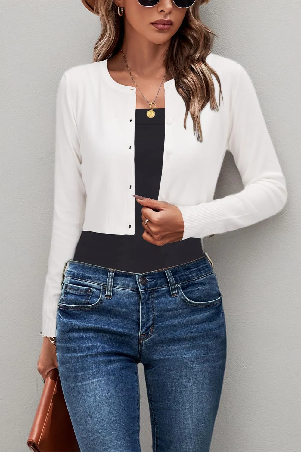 Newshows Cropped Cardigan Sweaters for Women 2025 Crew Neck Button Down Open Front Knit Bolero Shrugs