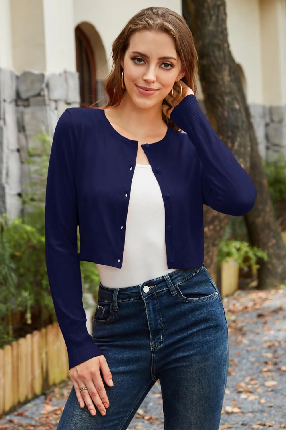 Newshows Cropped Cardigan Sweaters for Women 2025 Crew Neck Button Down Open Front Knit Bolero Shrugs
