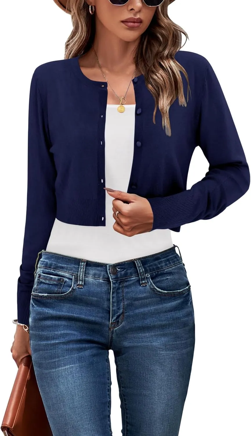 Newshows Cropped Cardigan Sweaters for Women 2025 Crew Neck Button Down Open Front Knit Bolero Shrugs