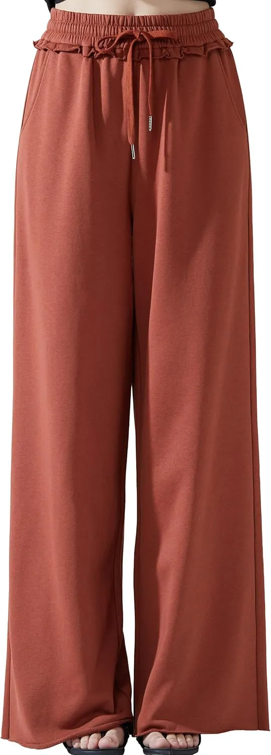noflik Women's Skin-Friendly Cotton Elastic High Waisted Drawstring Wide Leg Fray Hem Sweatpants