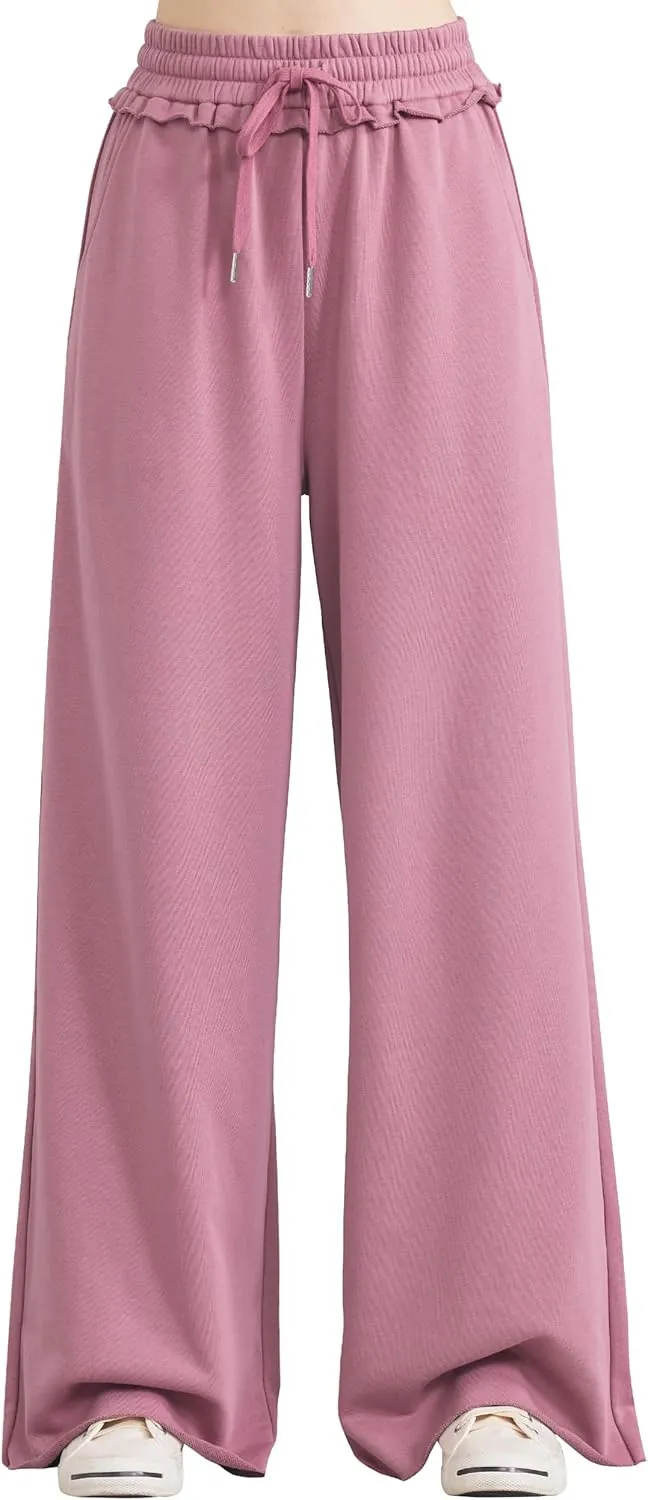 noflik Women's Skin-Friendly Cotton Elastic High Waisted Drawstring Wide Leg Fray Hem Sweatpants