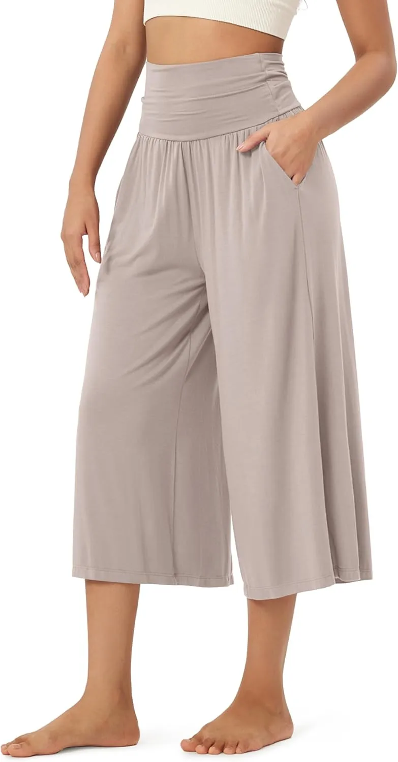 ODODOS Women's Wide Leg Palazzo Lounge Cropped Pants with Pockets Light Weight Comfy Pajama Capri Pants-20/22"/ 24" Inseam