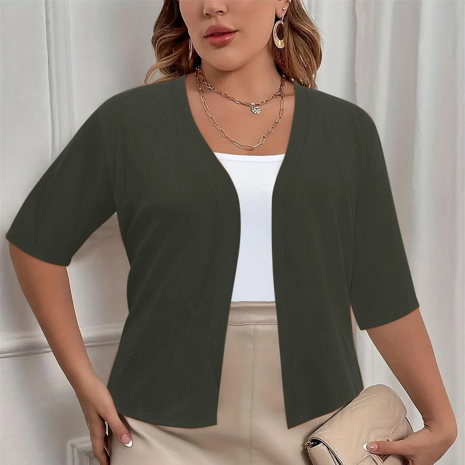 Plus Size Cardigan for Women Open Front Loose Business Casual Bolero Shrugs Short Sleeve Cropped Jacket 2024 Fall