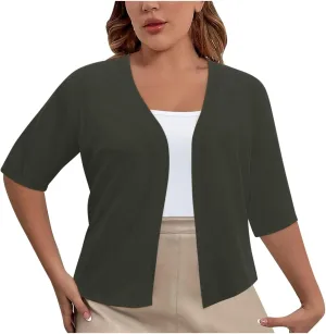 Plus Size Cardigan for Women Open Front Loose Business Casual Bolero Shrugs Short Sleeve Cropped Jacket 2024 Fall