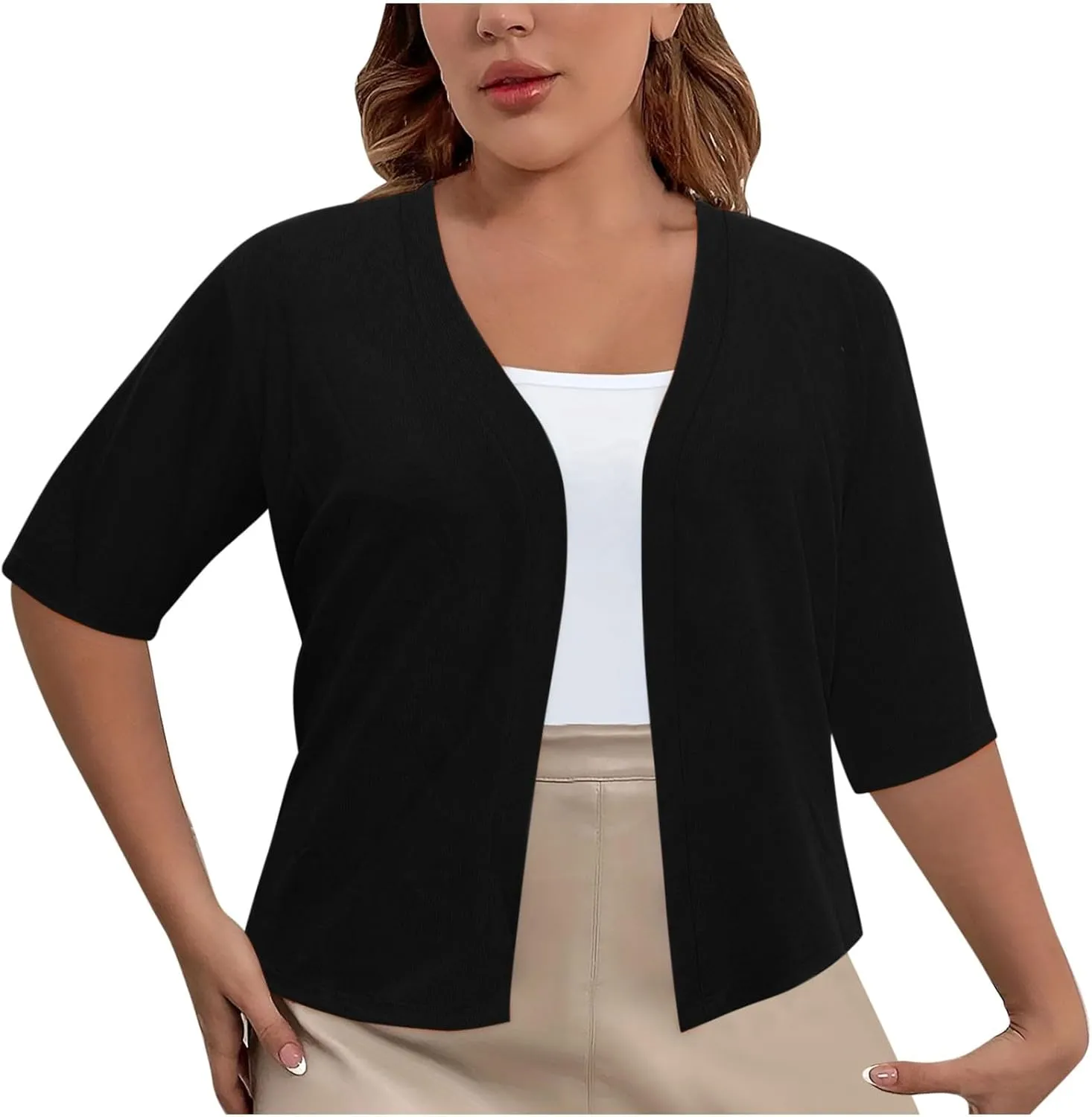 Plus Size Cardigan for Women Open Front Loose Business Casual Bolero Shrugs Short Sleeve Cropped Jacket 2024 Fall