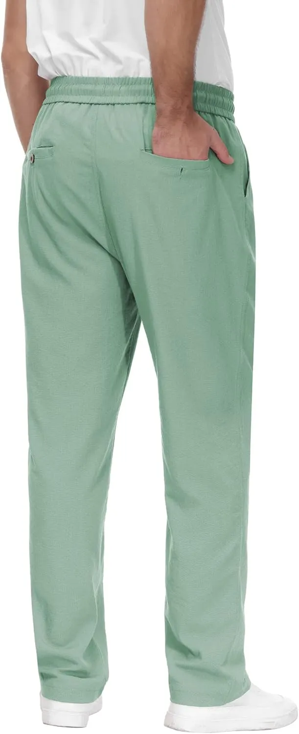 Poriff Mens Cotton Linen Pants Elastic Drawstring Waist Lounge Beach Pants