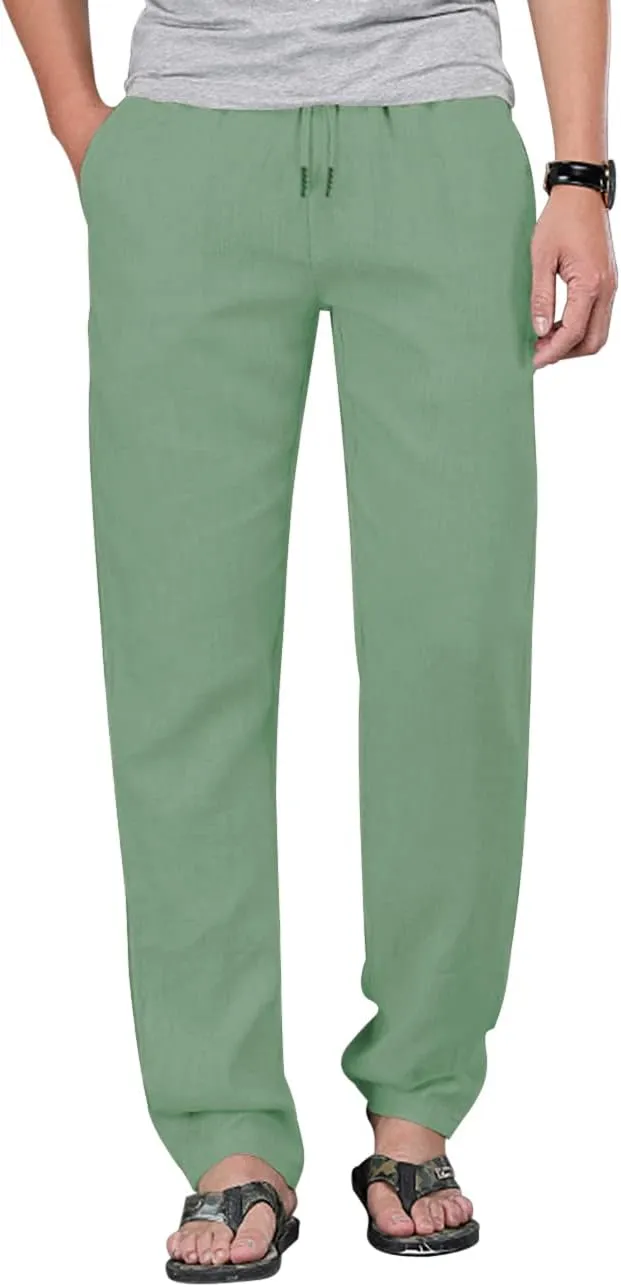Poriff Mens Cotton Linen Pants Elastic Drawstring Waist Lounge Beach Pants