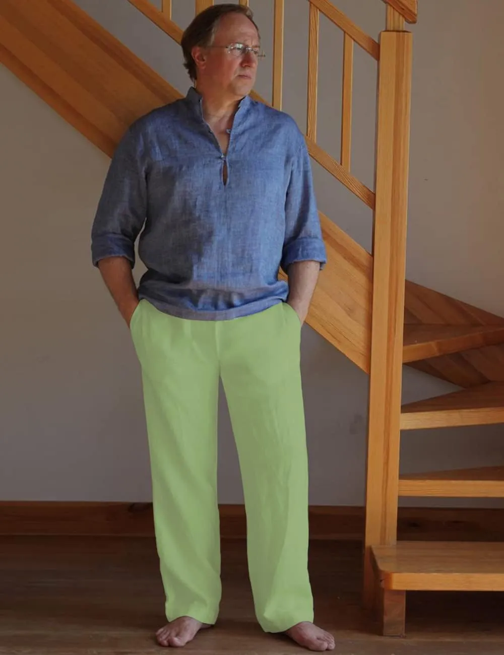 Poriff Mens Cotton Linen Pants Elastic Drawstring Waist Lounge Beach Pants