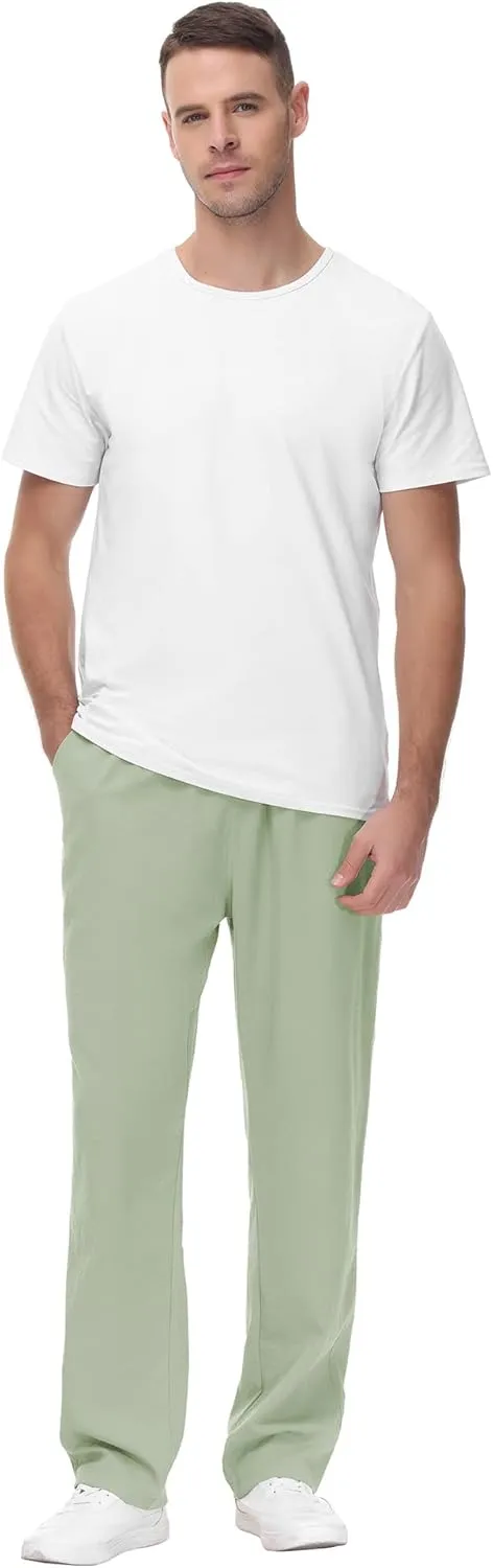 Poriff Mens Cotton Linen Pants Elastic Drawstring Waist Lounge Beach Pants