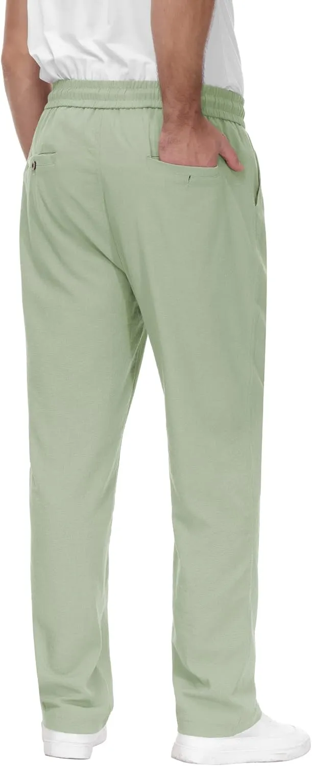 Poriff Mens Cotton Linen Pants Elastic Drawstring Waist Lounge Beach Pants