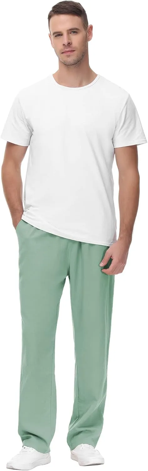 Poriff Mens Cotton Linen Pants Elastic Drawstring Waist Lounge Beach Pants
