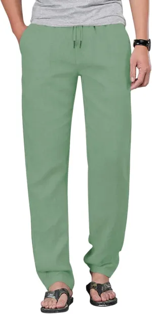 Poriff Mens Cotton Linen Pants Elastic Drawstring Waist Lounge Beach Pants