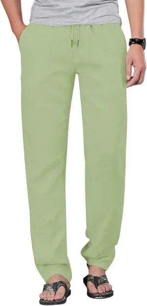 Poriff Mens Cotton Linen Pants Elastic Drawstring Waist Lounge Beach Pants