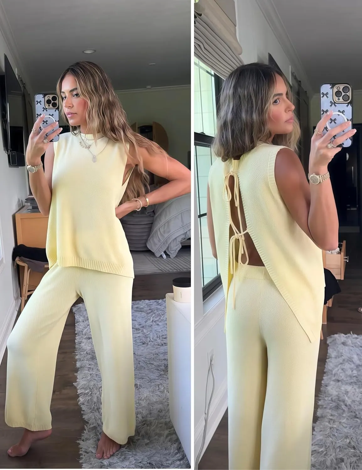 PUWEI Women's 2 Piece Lounge Set Bow Sweater Vest Wide Leg Pants Summer Matching Sets Travel Outfits Knit Tracksuit