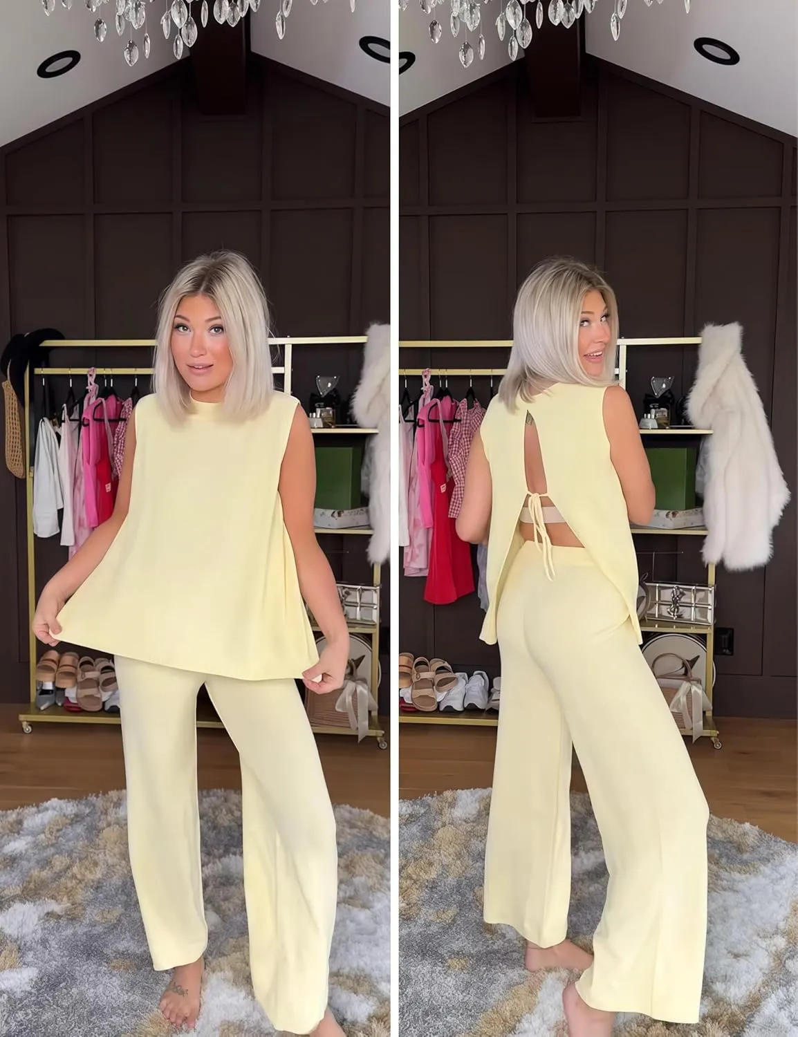 PUWEI Women's 2 Piece Lounge Set Bow Sweater Vest Wide Leg Pants Summer Matching Sets Travel Outfits Knit Tracksuit
