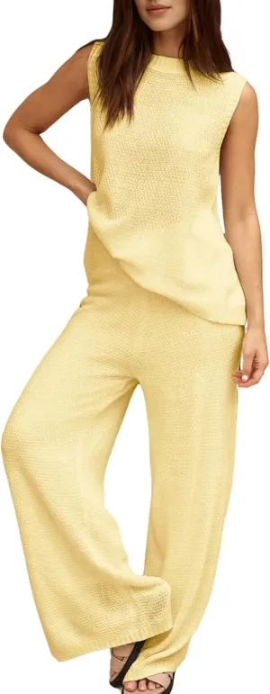 PUWEI Women's 2 Piece Lounge Set Bow Sweater Vest Wide Leg Pants Summer Matching Sets Travel Outfits Knit Tracksuit