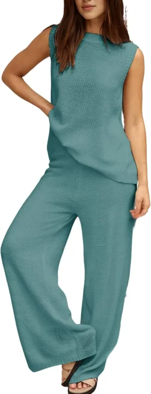 PUWEI Women's 2 Piece Lounge Set Bow Sweater Vest Wide Leg Pants Summer Matching Sets Travel Outfits Knit Tracksuit