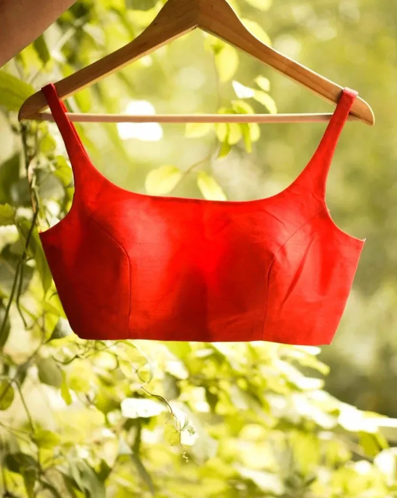 Readymade Red Artificial Silk Sleeveless Blouse With U Neck