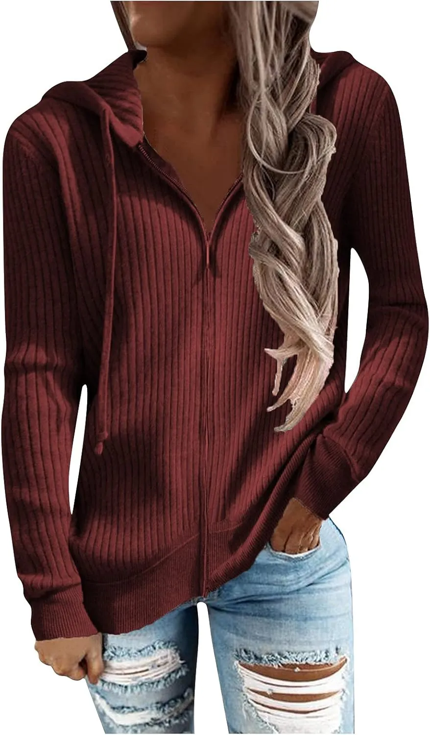 RMXEi Long Sleeve Open Front Cardigans For Women Casual Knit Zip Up Hooded Outwear Sweatshirt Coat