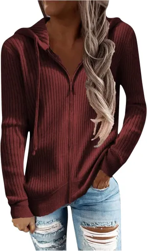 RMXEi Long Sleeve Open Front Cardigans For Women Casual Knit Zip Up Hooded Outwear Sweatshirt Coat